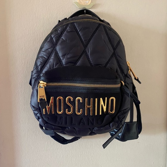 Moschino Handbags - Moschino Small Black Quilted Backpack with Gold Tone Hardware, Zippers and Logo